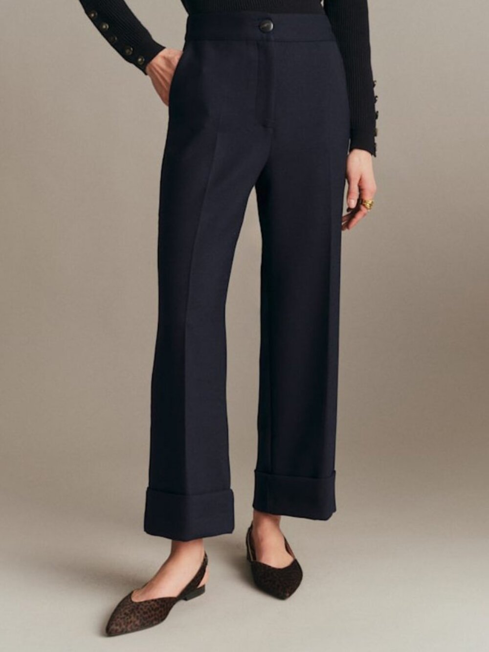 EUC Sezane Damon Wool Blend Cuffed Wide Leg Crop Trouser Navy 40, 8